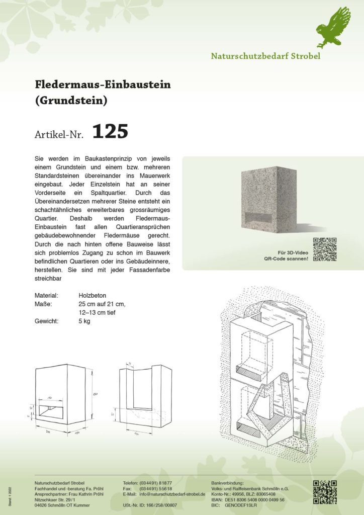 Produktblatt Fledermaus-Einbaustein (Grundstein) der Firma Naturschutzbedarf-Strobel aus Schmölln.